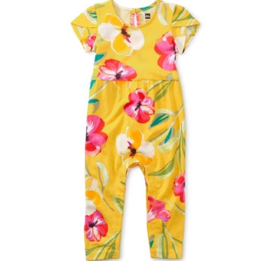 Tea Flutter Button Baby Romper Painterly Hibiscus in Yellow